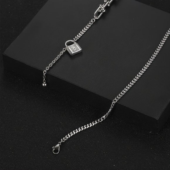 Trendy Stainless Steel Lock Tassel Pendant Necklace Padlock Chain Stainles - Picture 3 of 6